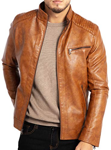 WULFUL Men's Stand Collar Leather Jacket Motorcycle Lightweight Faux Leather Outwear, Coffee, Large