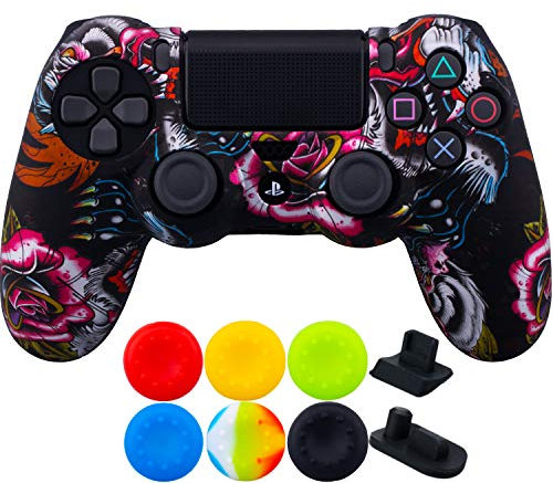9CDeer 1 x Stück Schutzfolie Transferdruck Silikon Hülle + 6 Thumb Grips & Staubdichte Stecker für PS4/Slim/Pro-Controller Schwarzer Drache
