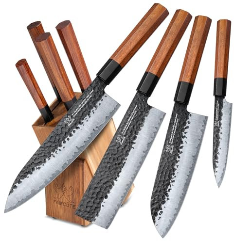 FAMCüTE Set di coltelli giapponesi forgiati a mano 5 strati in acciaio rivestito 9CR18MOV, coltello da cucina ultra affilato con contenitore in legno e manico in palissandro, con cuoco