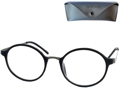 Runde Anti Blaulicht Brille Lesebrille, Gratis Etui, Kunststoff Rahmen (Schwarz), Metall Brücke und Bügeln (Graphit), Blaulichtfilter Brille Herren und Damen +1.5 Dioptrien