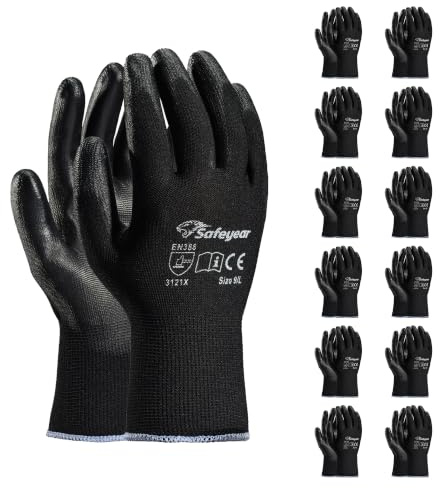 SAFEYEAR 12 pares de guantes de trabajo de seguridad con revestimiento de poliuretano negro, ligeros para jardinería, constructores, bricolaje, entrega, mecánicos para hombres y mujeres (negro L)