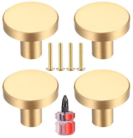 Yibaijia 4 Pcs Round Cabinet Knobs, Gold Brass Drawer Knobs, Door Kitchen Hardware Cupboard Knob, Stainless Steel Single Hole Handle with Screws for Home Decorating, Cupboard, Wardrobe (20mmx25mm)
