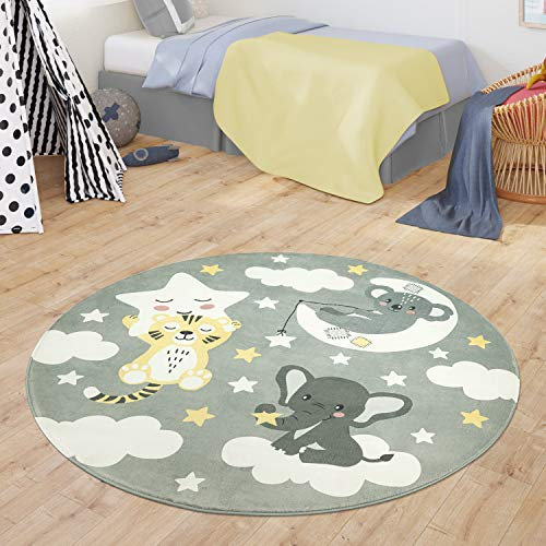 TT Home Teppich Kinderzimmer Kinderteppich Babymatte Koala Elefant Wolken Sterne Himmel Mond, Farbe:Grau, Größe:120 cm Rund