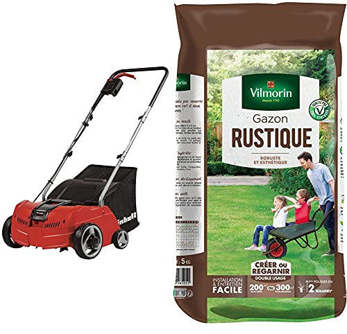 Einhell Scarificateur/aérateur électrique GC-SA 1231/1 (jusqu'à 300m², 1.2 kW, bac de ramassage de 28L) & Vilmorin 4460416 Gazon Rustique, Vert, 5 kg