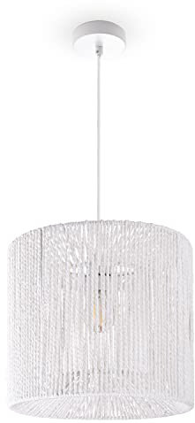 Paco Home Pendelleuchte Esstisch Papier Boho Hängelampe Esszimmer Lampe E27 Hängeleuchte Rattan, Farbe:Weiß (Ø33cm), Leuchtenart/Farbe:Pendelleuchte - Weiß