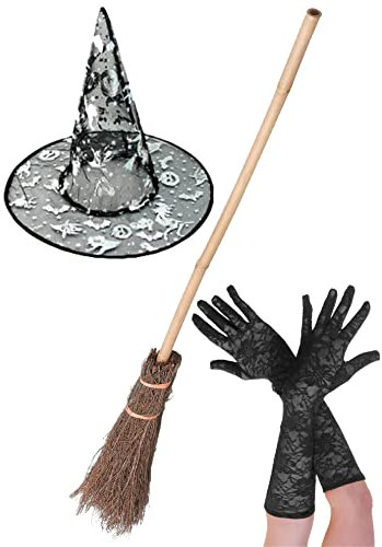 labreeze Black Witch Hat with Silver Halloween Prints Broom Stick Lace Gloves SpookyFancy Dress