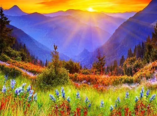 Diamond Painting Set, Bild mit Motiv Sonnenaufgang und Zubehör, Größe ca. 35 x 25 cm, Bastelset zum Malen mit Glitzersteinchen für Kinder ab 5 Jahren