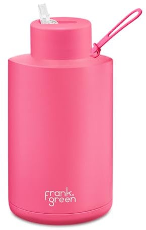 frank green Wiederverwendbare Wasserflasche mit Strohhalm-Deckel, Keramik-isolierte Wasserflaschen mit dreifachem Vakuum, auslaufsichere Trinkflasche, Neonrosa, 2 Liter
