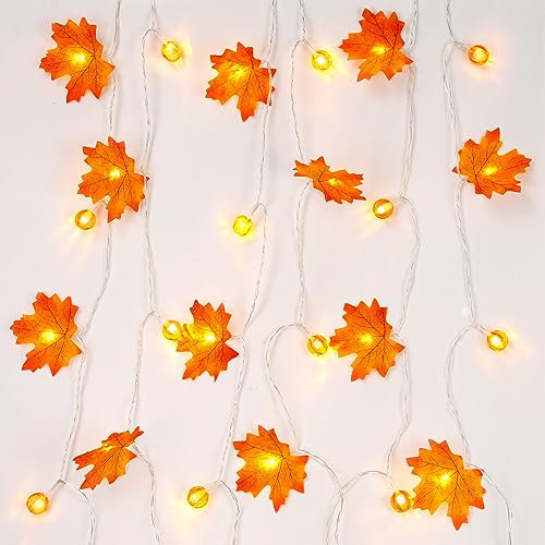 APODESS 4.5m/14.7Ft Ahornblatt Lichterkette Herbstdeko Lichterkette Batterie 30 LED Halloween Deko Licht Kürbis Lichter Blätter Girlande für Erntedankfest Garten Fenster Außen Innen