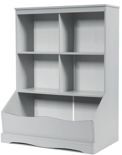 Maxmass Kids Toy Organizer, Wooden Children Bookcase with Shelves and Compartments, Free Standing Toddlers Storage Unit for Study, Playroom, Bedroom, Kindergarten (Grey)