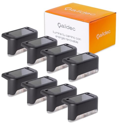Galidec Mini Luces solares para exterior, 8 uds, color negro, luz de escalera, impermeable, carga solar LED, escaleras exteriores, escalones, caminos al aire libre, patio, vallas. Luz Templada