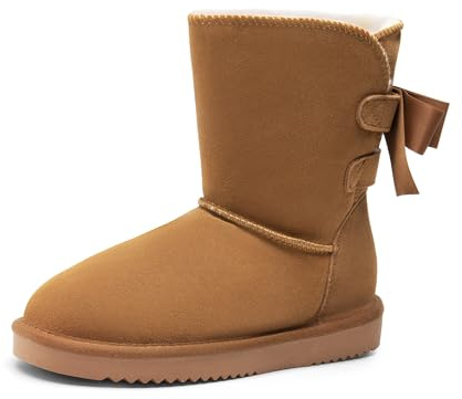 DREAM PAIRS Stivali Invernali da Donna FuzzyChic con Fiocco in Vera Pelle Scamosciata Fodera Stivaletti Corti per Esterno e Interno,Size 39,Castagna,SDSB2408W