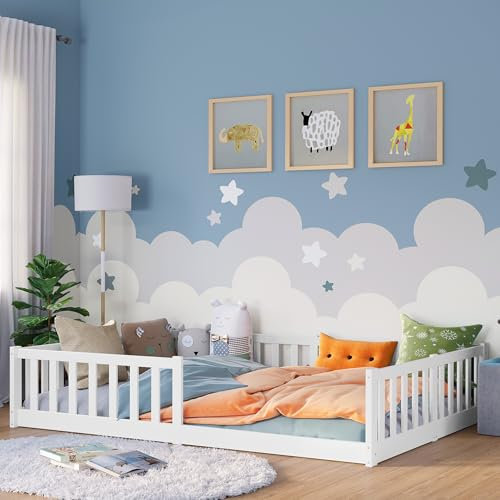 Bellabino Vere Bodenbett 140x200 cm – Montessori Kinderbett mit Rausfallschutz & Lattenrost – Massives Kinder Bett für Jungen & Mädchen aus Holz Kiefer – Kleinkindbett in Weiß