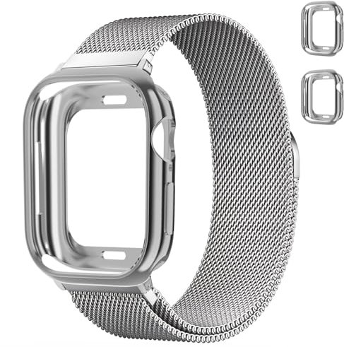 Milanaise Ersatzarmband+Schutzhülle für Apple Watch Armband 40mm 42mm 41mm 44mm 46mm 45mm 49mm Damen/Herren,Magnet Edelstahl Milanese Loop Metall Band+Hülle für Apple Watch SE/2 10 9 8 7 6 5 4 Ultra