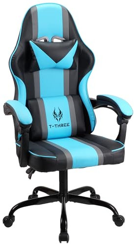 T-THREE.Ergonomic high-back gaming, computer, office, study, swivel, and racing-style chair with adjustable lumbar and headrest support, 150kg weight capacity, ideal for home office(Blue)