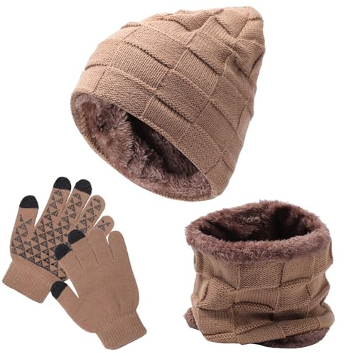 Fjquamitix Kindermütze, Schal, Handschuhe, Winter-Strick, Fleece, gefüttert, Beanie, Halswärmer, Touchscreen-Handschuhe für Mädchen und Jungen, 3-teilig