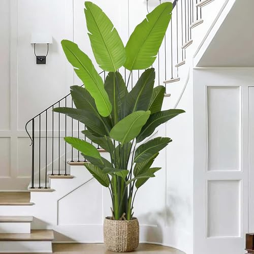 Roselywed Artificial Bird of Paradise Tree 7FT 22 Leaves Tall Large Fake Faux Tropical Traveler's Palm Banana Plant 84 Inch Black Pot for Indoor Home Office Poolside Porch Mall Decor Housewarming Gift