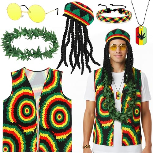 Xietaea Rasta Kostüm Herren Accessories Set - Reggae Outfit mit Dreadlocks Mütze Jamaikanische Weste Brille Halskette, Rastafari Zubehör für Karneval Fasching Halloween Mottoparty
