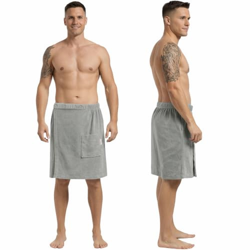CalmySPA Leicht Frottee Saunakilt Herren - Saunahandtuch Baumwolle mit Gummizug und Knopf Saunatuch Mann Sauna Handtuch Kilt Männer Rock (Hellgrau)