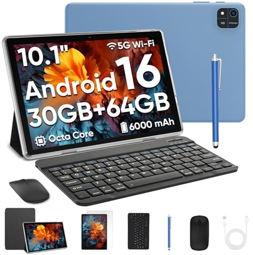TUOHAITIME Android 16 Tablet,10.1 inch Tablet,30GB RAM+64GB ROM(TF 1TB),18W Fast Charging, Octa-Core T7280 Processor, WiFi, Dual Camera,6000mAh Battery,with Keyboard & Mous(Blue)