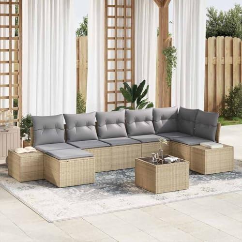kithwjll Garten-Sofa-Set 7-teilig Beige Poly-Rattan mit Stauraum, höhenverstellbarem Tisch, wetterfestes Outdoor Lounge Sofa, kleines Gartenmöbel Set für Balkon und Terrasse