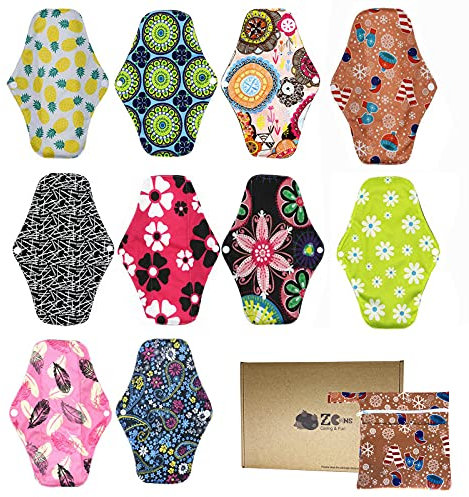 ZCOINS 10PCS Reusable Sanitary Towels Women Hygiene Sanitary Pads for Day and Medium Flow, Washable Bamboo Cloth (26 x 18cm)