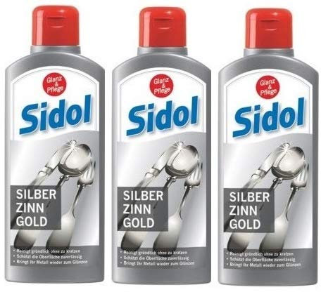 3 x SIDOL Silber Zinn Gold 250ml Reinigt gründlich Tafelgeschirr, Besteck, Schmuckstücke, Zinnkrüge, Zinnfiguren, Chrom-Oberflächen und vieles weitere ohne zu kratzen (3x 250ml)