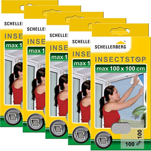 Schellenberg 5er Spar Pack Fliegengitter für Fenster, 100 x 100 cm, weiß, einfache Montage ohne Bohren, inklusive Befestigungsband