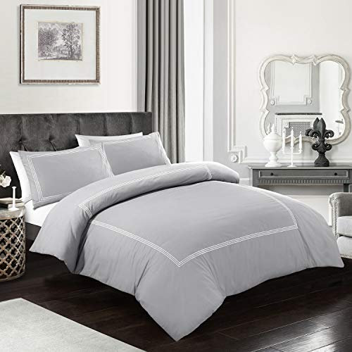 My Home Store Bedding Bettwäsche-Set für 3 Personen, Bratta-Stich, TC 200, 100 % Poly-Baumwolle, Bettbezug-Set mit 2 Kissenbezügen, Polybaumwolle, grau, King Size