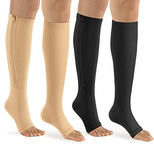 bropite Calze a compressione con cerniera, per donne e uomini, 2 paia, altezza polpaccio, 15-20 mmHg, calze a compressione a punta aperta per passeggiate