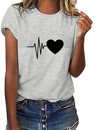 heekpek Maglietta Manica Corta Donna Amore Tshirt Cotone Maglietta Elegante Donna Casual T-Shirt Estiva con Girocollo Magliette Basic Estive Top, Grigio, M
