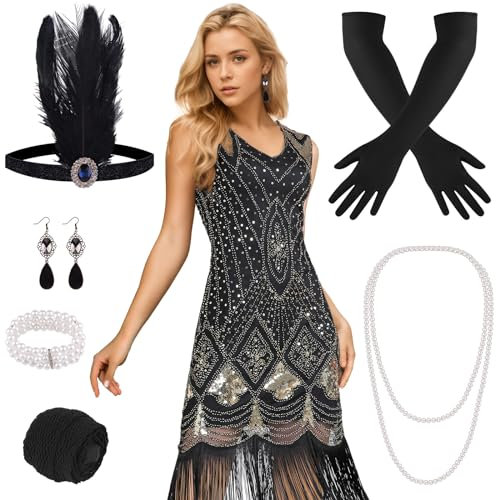 PLULON 1920er-Jahre-Flapper-Kleid. Brüllendes 20er-Jahre-Gatsby-Kleid-Kostüm mit 20er-Jahre-Accessoires