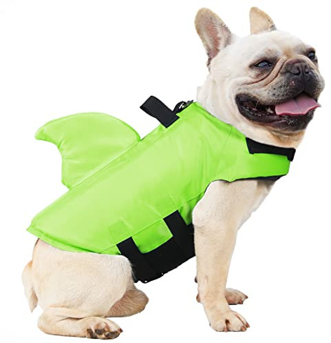 FONLAM Giubbotti di Salvataggio per Cani Giubbotto Salvagente Cane Squalo Galleggiante Cani Piccola Media Taglia Piscina Mare (L, Verde)