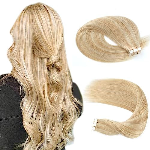 Sassina Tape in Extensions Echthaar Honigblond zu Hellblond Doppelseitige Unsichtbare Skin Weft Tape in Haarverlängerungen 20 Stück Doppelseitiger Tiefschwarz Tape Extensions 35 cm 50g #P18/613