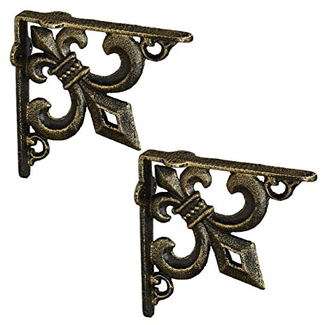 Relaxdays Équerre étagère Murale, Lot de 2, Ancien, Support en Fonte de Fer, avec Ornement lys, Vintage, Bronze