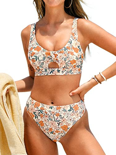 CUPSHE Damen Bikini Set U Ausschnitt Knoten Lace Up Bikini Bademode High Waist Blümchenmuster Zweiteiliger Badeanzug Swimsuit Gelb Blumen M