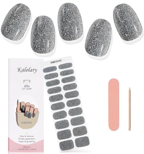Kalolary Gel Nail Polish Strips, Nail Gel Art Sticker Waterproof Full Nail Wraps Decal Sets with Nail File and Stick for Women Girls Nail Art Decor (UV/LED Lamp Required) (Shiny Grey)