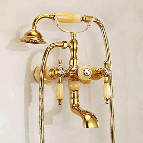 Rubinetto Per Vasca Da Bagno Due Maniglie Ottone Vintage Rubinetto Miscelatore Bagno Vasca Per Doccia A Parete Con Doccetta E Flessibile Doccia Da 1,5 M, Oro