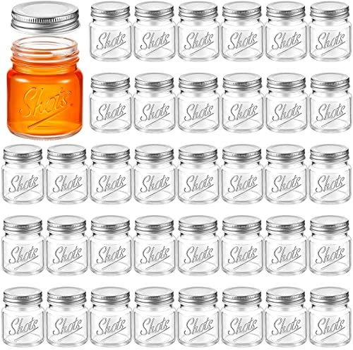 Tessco for you Mini Mason Jar Shot Glasses with Lids 2 oz Dishwasher Safe Mason Canning Jars for Bachelorette Wedding Party Favors Bar Drinks Home Desserts Honey Jam Candy(Clear,36 Pcs)