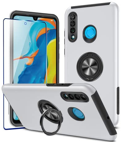 KRAFTCARE Hülle für Huawei P30 Lite mit 1 Pack Panzerglas Schutzfolie, Handyhülle mit Eingebetteter 360° Grad Ring, Magnetische Schutzhülle Stoßfest Cover Case für Huawei P30 Lite,Silber
