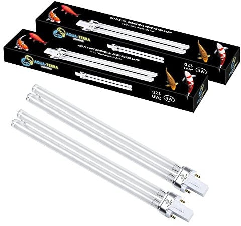 Aqua-Terra Lighting 11W Pond Filter Bulb 2-Pack – UVC Ultra Violet Bulbs for Filters & Clarifiers – Germicidal G23 2pin PLS lamp Base for Replacing UV Bulbs in Garden Pond Filters
