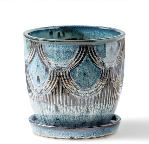 Chralji - Maceta de cerámica para interiores con agujero de drenaje y platillo, maceta de 5 pulgadas, esmalte reactivo, color azul