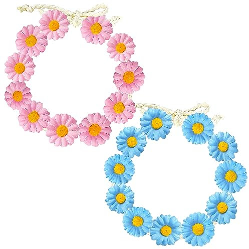 2 Stück Sonnenblumen-Stirnband, Gänseblümchen-Blumen-Stirnband, verstellbares Sonnenblumen-Kopfstück, Sonnenblumen-Kronen-Stirnband für Festival, Party, Hochzeit (blau und rosa)