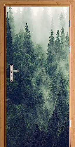 HUBDECO Türwandbild - Selbstklebende Türaufkleber - Wandbilder Aufkleber - Fantasi, Kunst, Leinwand Tapete - Türaufkleber - für Türen, Möbel, Schränke, Spiegel - 88x200cm - Wald im Nebel