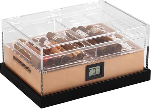 CASE ELEGANCE -FELIX PRO Tupperdor - Luftdichter Acryl Humidor, Zwei Acrylschalen, Spanische Zedernschale, Eschenholzbasis, Inklusive Feuchtigkeitspaket, Digitales Hygrometer, Acryl-Trennwand - Hält