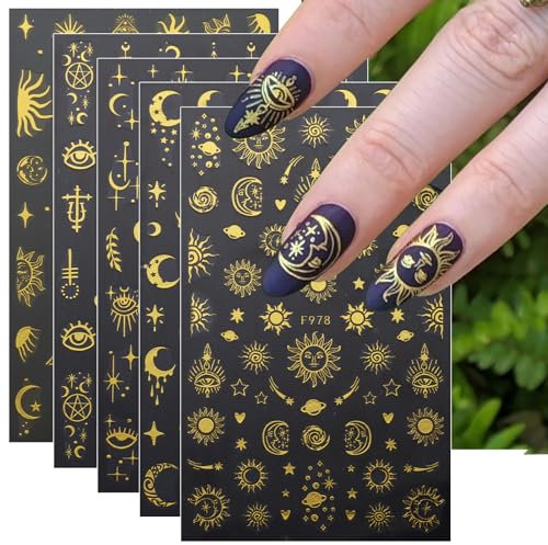 JMEOWIO 8 Sheets Moon Star Sun Nail Art Stickers Decals Self-Adhesive Gold Nail Supplies Nail Art Design Decoration Accessories