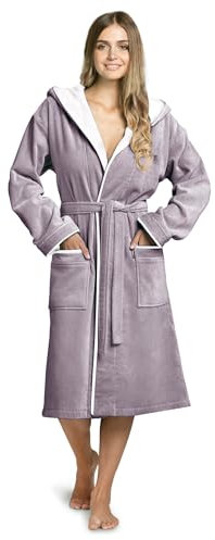 Twinzen Bademantel Damen – 100% Baumwolle, Frottee-Velours, mit Kapuze, OEKO-TEX zertifiziert, weich und komfortabel - Taupe - L