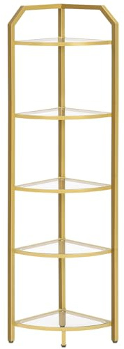 HOOBRO 5-Tier Corner Shelf Stand, Gold Corner Bookshelf, Tempered Glass Shelves, Bathroom Organizer, Corner Plant Stand, for Living Room, Study, Balcony, Home Office, Modern Style, Gold GD15CJ01
