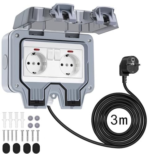 Powerole Upgrade-Außensteckdose Steckdose Wasserdicht mit Unabhängiger Schalter und Display Licht Outdoor Steckdose,IP66 Wasserdicht Steckdose und Feuchtraum Fteckdose Aufputz Kontaktschutz-3M