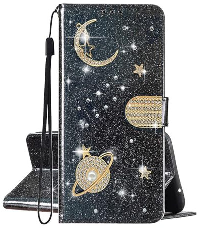 SEHEYA per Huawei P30 Pro Cover Libretto Brillantini Star Planet Universo Motivo Custodia PU Pelle Glitter Portafoglio a Libro Donna Flip Case Magnetica Protezione Caso, Nero